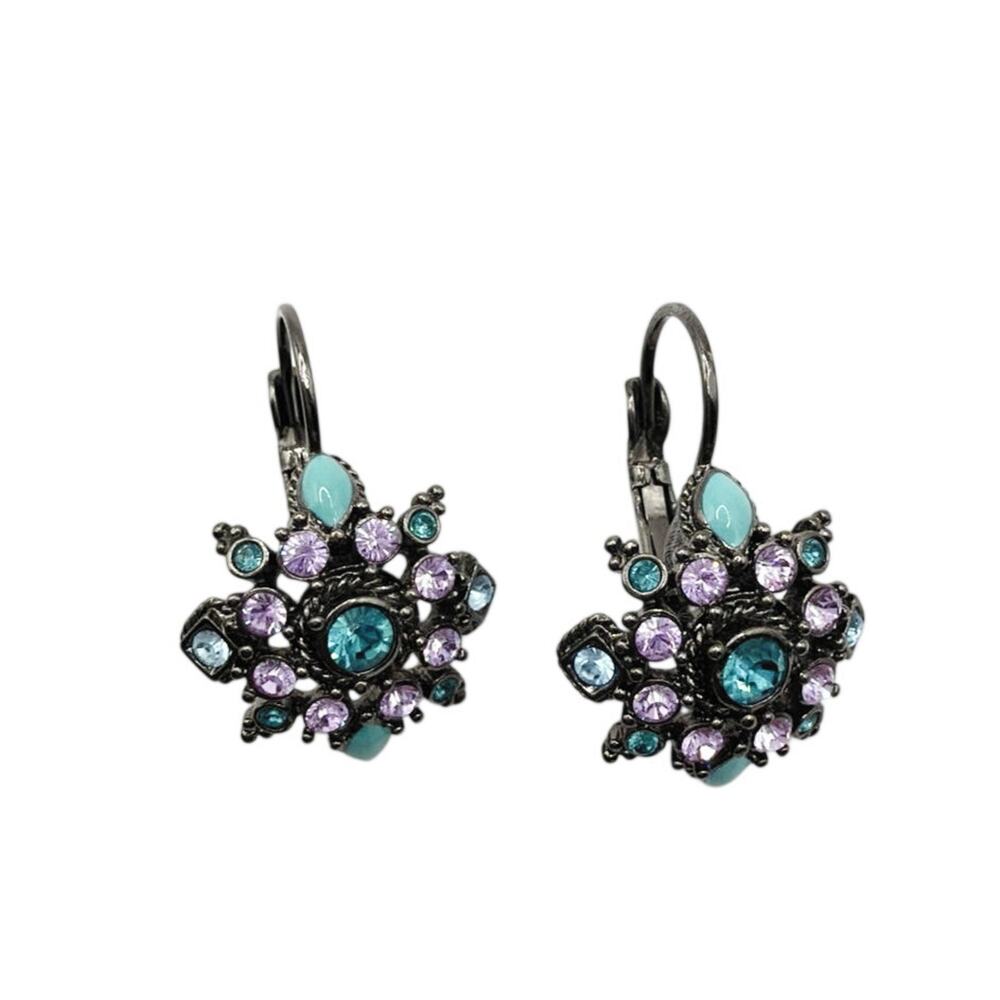Joan Rivers Gun Metal and Rhinestones Flower Earrings Lever-back